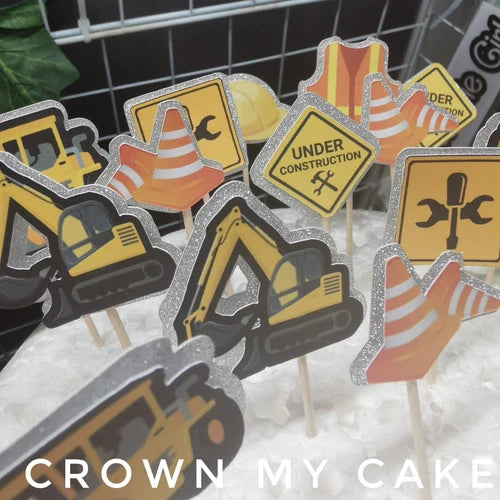 24x Glitter Construction Builder Cupcake Toppers