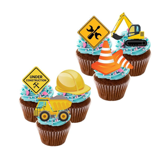 24x Glitter Construction Builder Cupcake Toppers