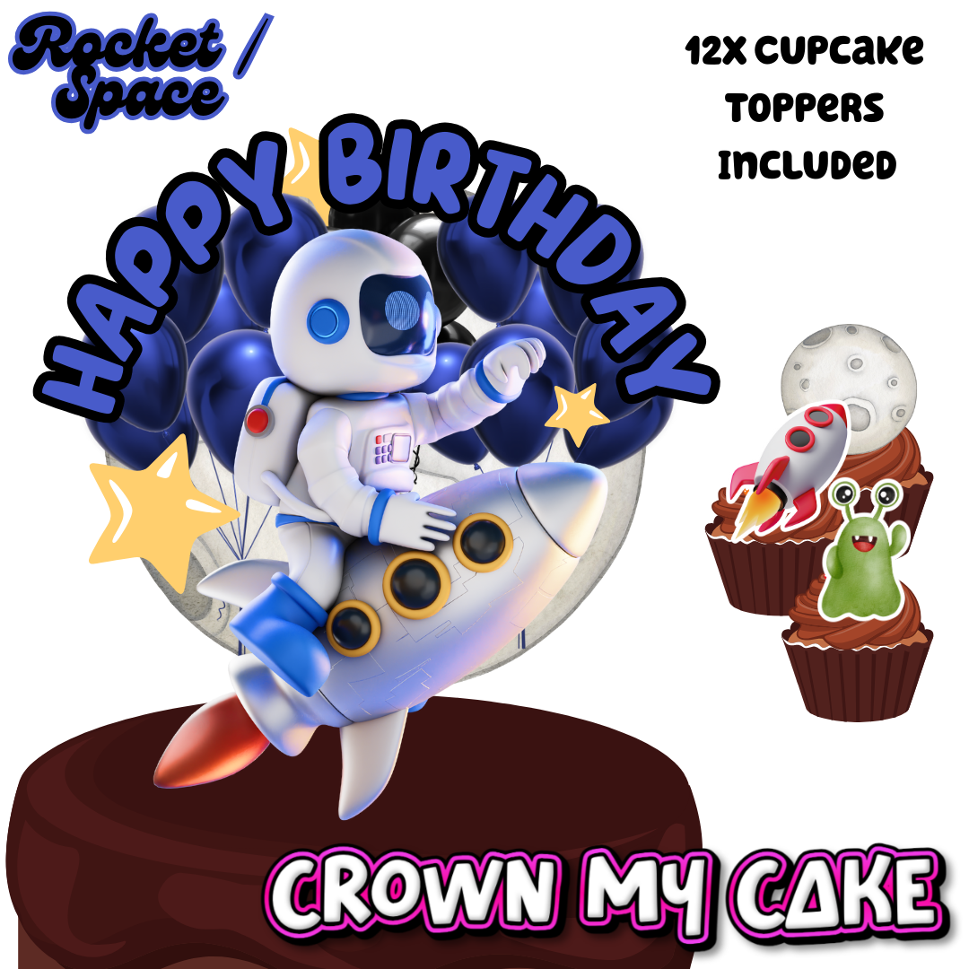 Cute Space Astronaut Cake Topper & 12x Cupcake Picks