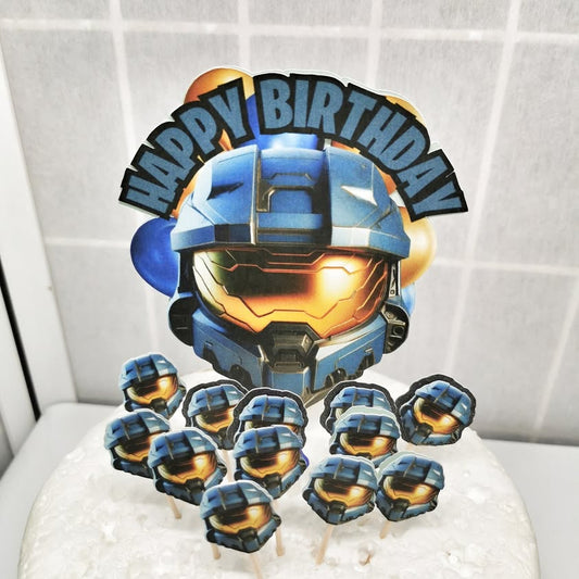 Blue Halo Cake Topper & 12x Cupcake Picks