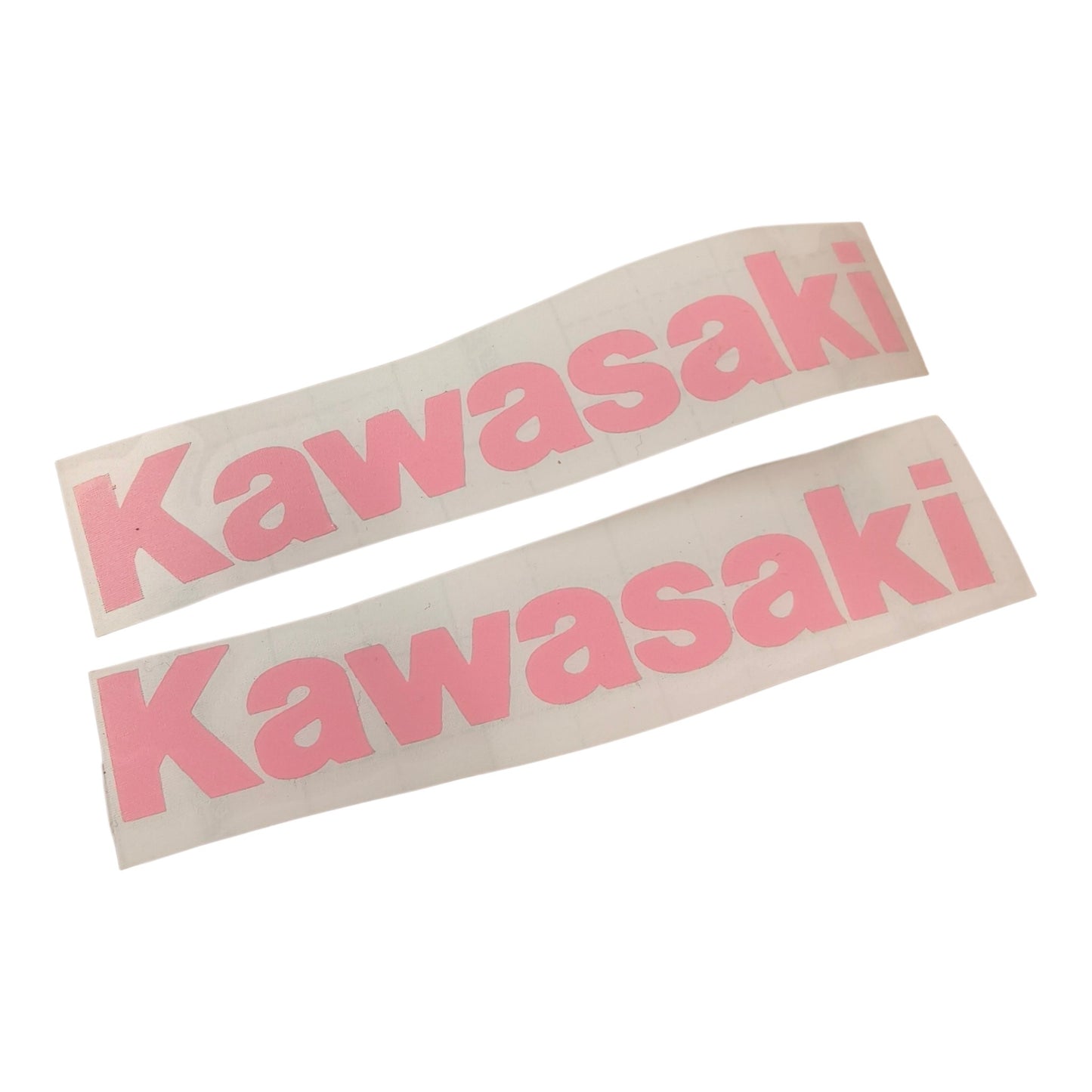 Two pink 'Kawasaki' decals on a white background