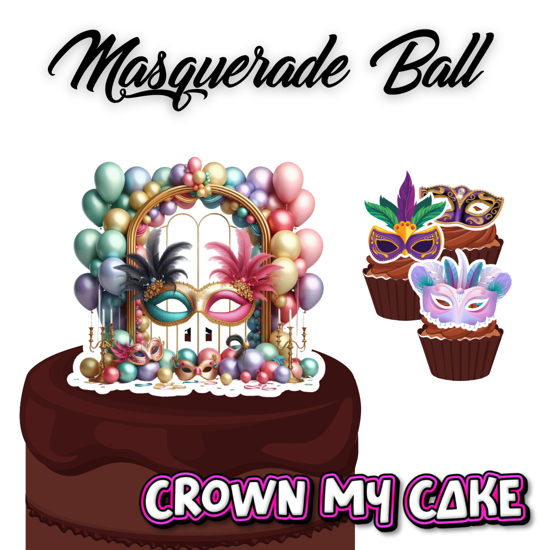 Masquerade Ball Themed Cake Topper & 12x Cupcake Picks