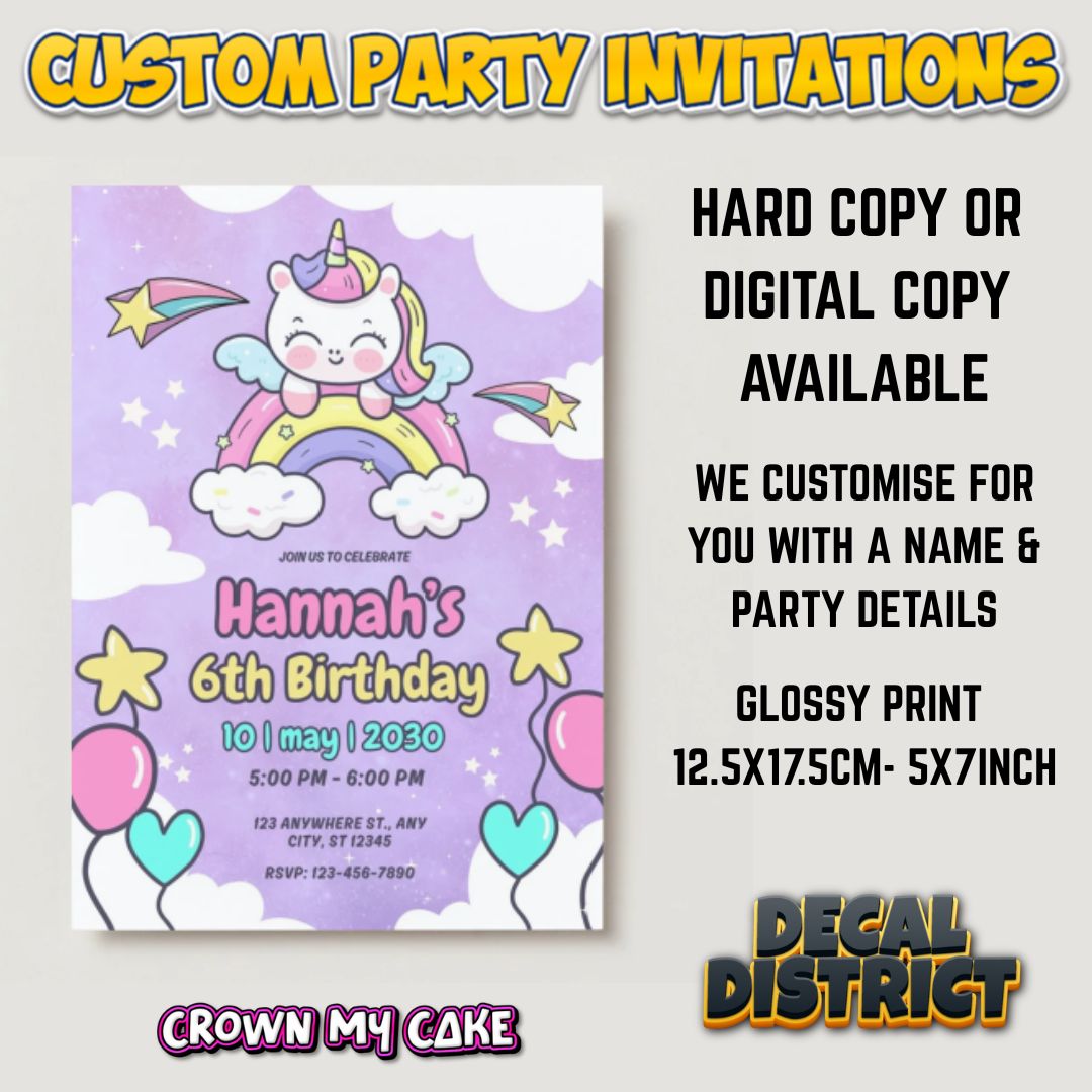 Unicorn Party Invitations - Digital Or Hard Copy