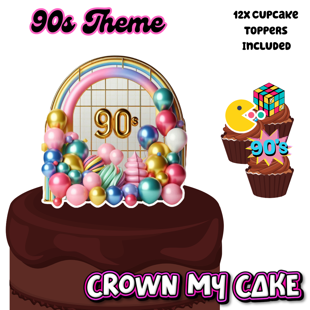 90's Throwback Themed Cake Topper & 12x Cupcake Picks