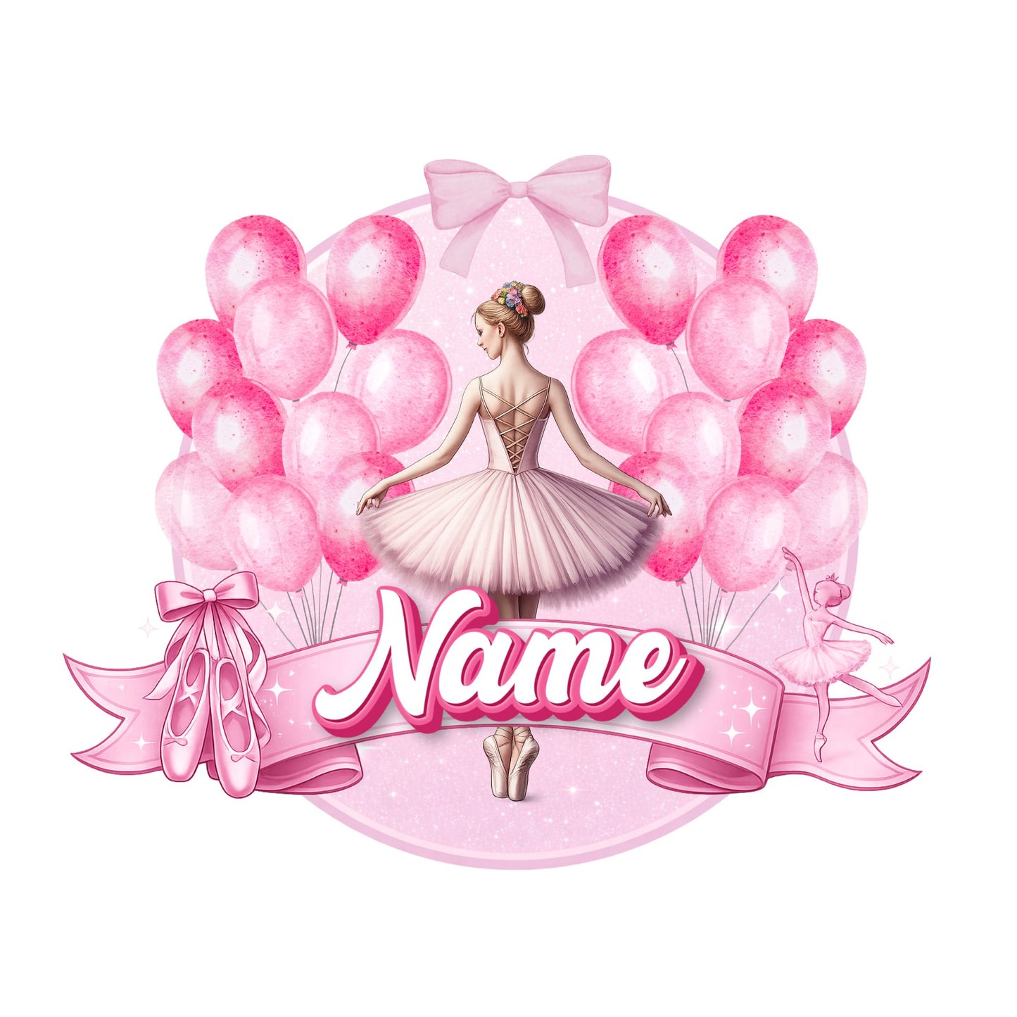 Cake Topper of a ballerina surrounded by pink balloons and ribbons on a white background.