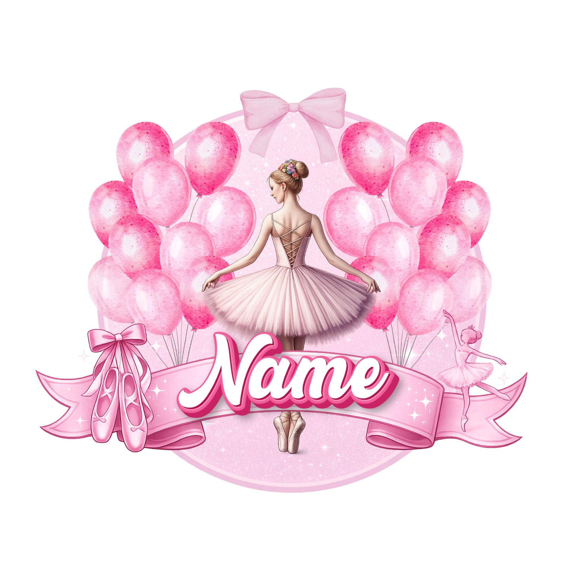 Cake Topper of a ballerina surrounded by pink balloons and ribbons on a white background.