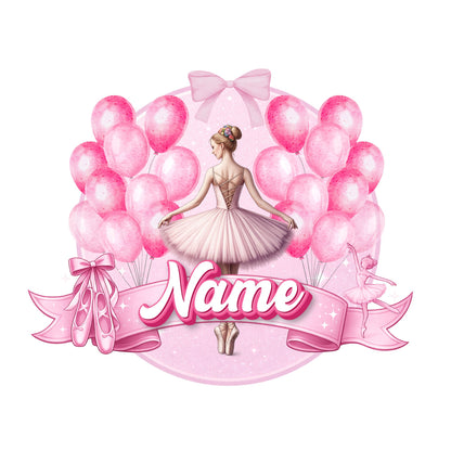 Cake Topper of a ballerina surrounded by pink balloons and ribbons on a white background.