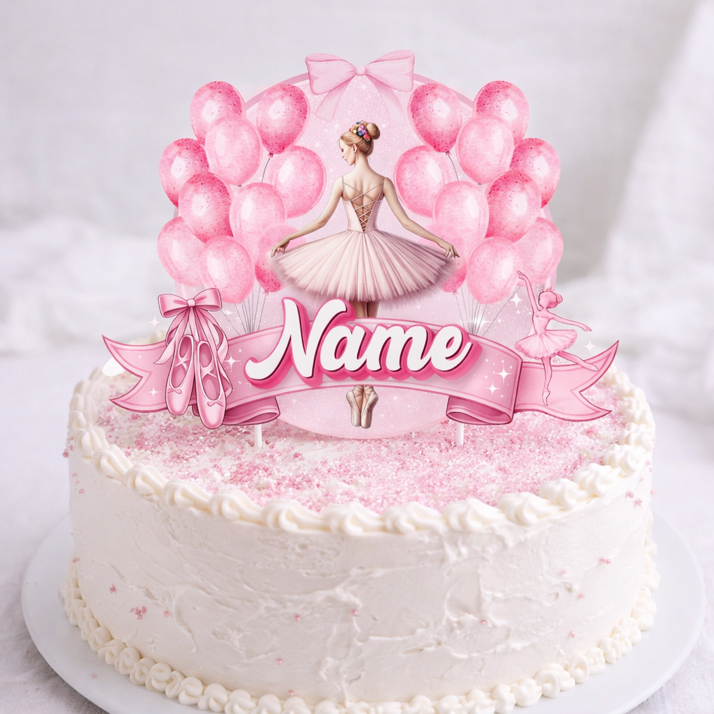 White cake with pink ballerina topper and balloons on a white background