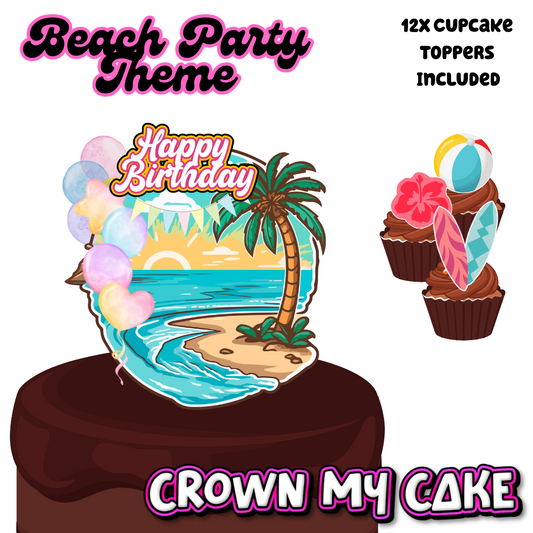 Beach Party Cake Topper & 12x Cupcake Picks