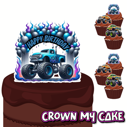 Blue Monster Truck Cake Topper & 12x Cupcake Picks