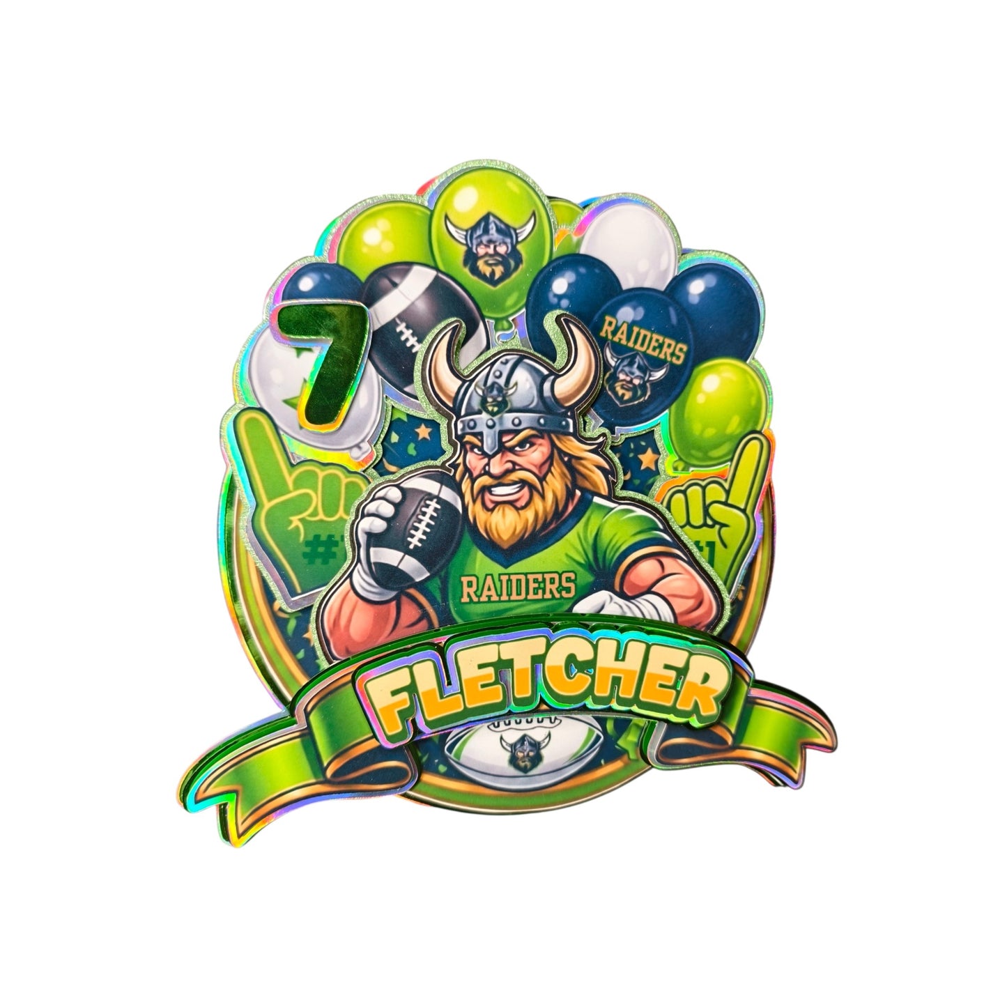 A colorful custom sports pin or badge featuring a cartoon Viking football player holding a football, surrounded by green and blue Raiders balloons, foam fingers, a large number 7, and a ribbon banner reading 'FLETCHER'.
