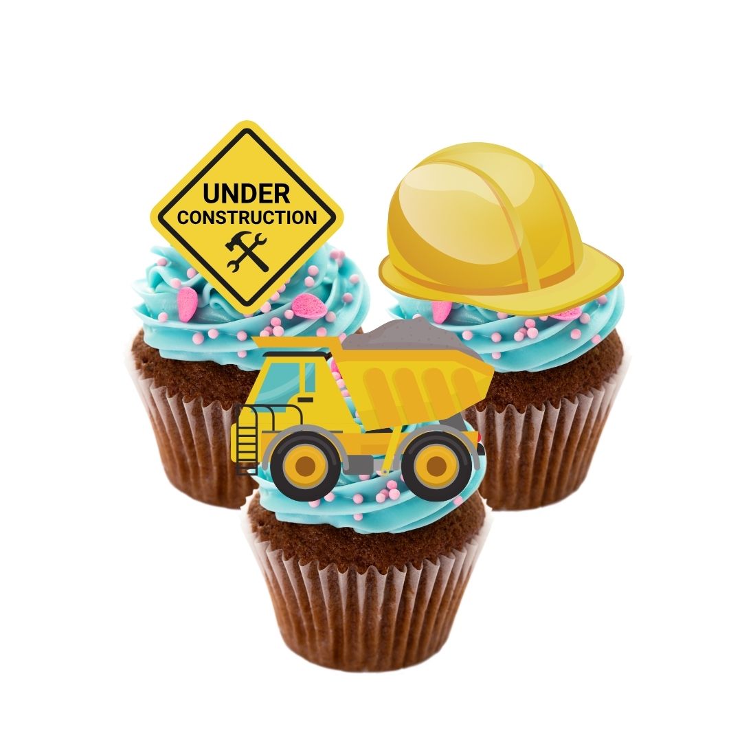 24x Glitter Construction Builder Cupcake Toppers