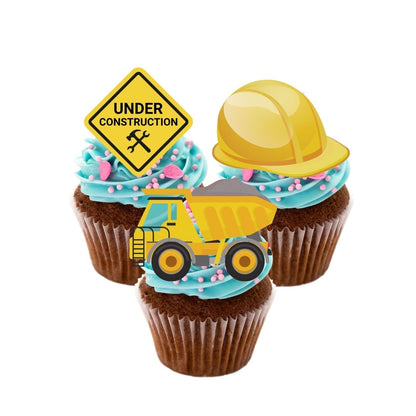 24x Glitter Construction Builder Cupcake Toppers