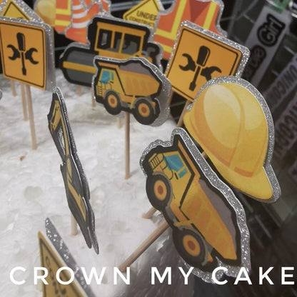 24x Glitter Construction Builder Cupcake Toppers