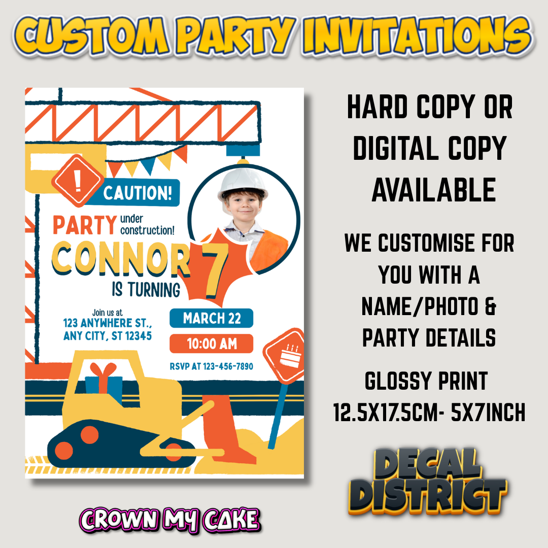Construction Theme Party Invitations - Digital Or Hard Copy