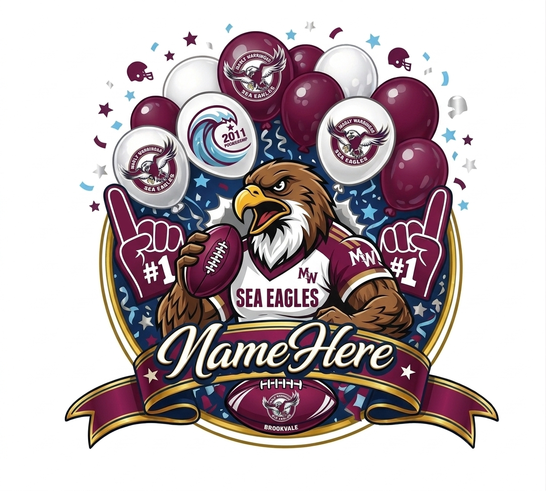 Cake Topper with Manly Sea Eagle mascot holding a football with balloons and decorative elements on a white background