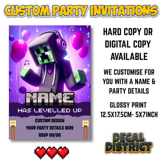 Purple Gaming Party Pixel Block Party Invites - Digital Or Hard Copy