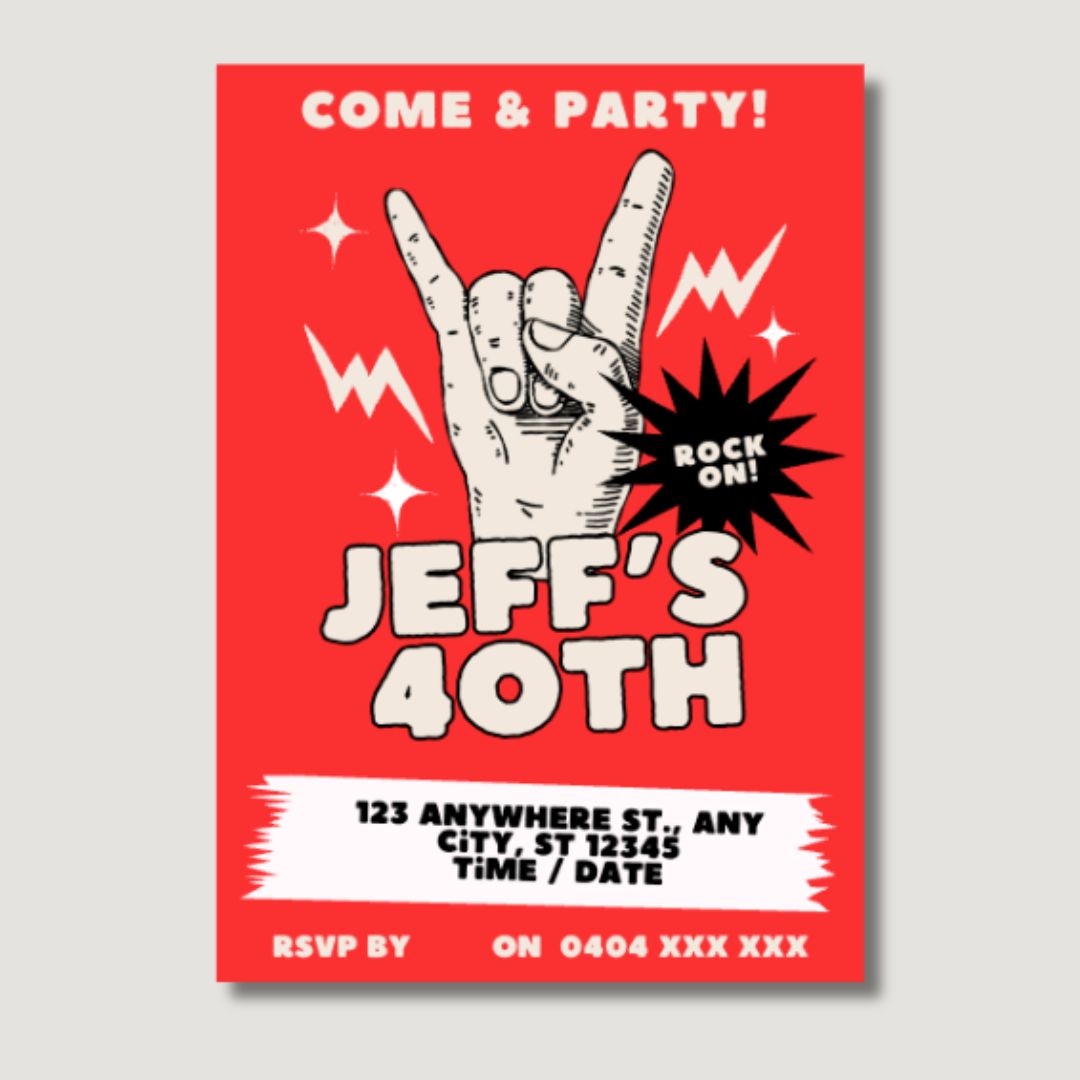 Custom Rock On Party Invitations - Digital Or Hard Copy
