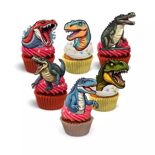 24x Dinosaur - Glitter Backed Cupcake Toppers