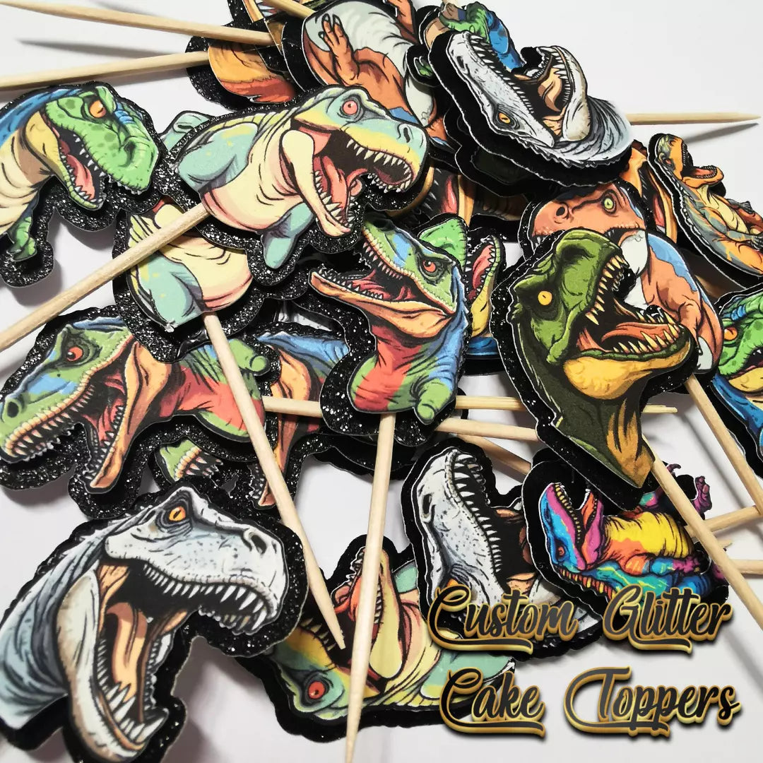 24x Dinosaur - Glitter Backed Cupcake Toppers