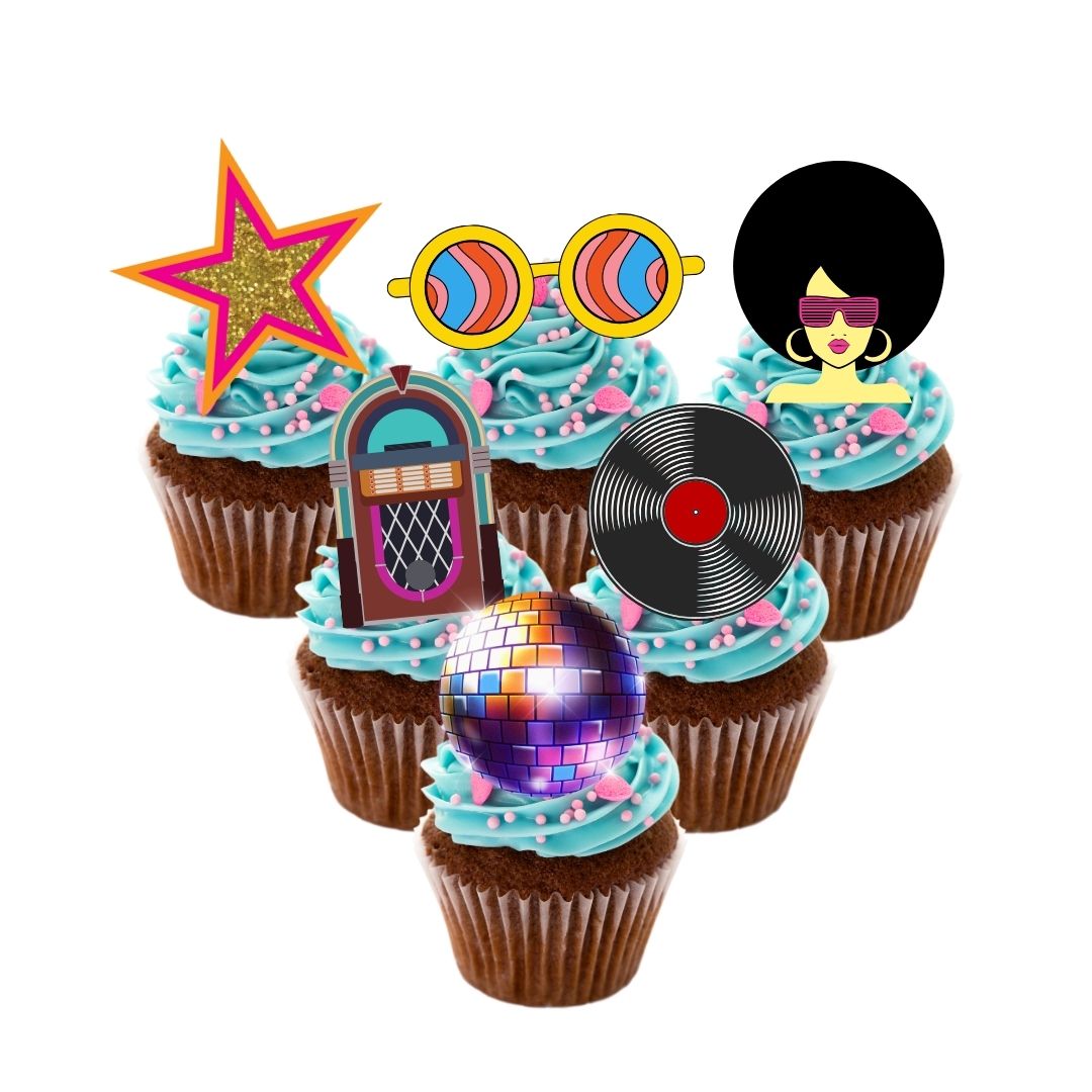 24x Disco Retro Cupcake Toppers - We print, You stick.