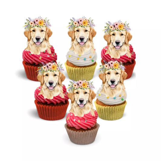 24x Golden Retriever - Glitter Backed Cupcake Toppers