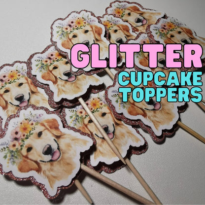 24x Golden Retriever - Glitter Backed Cupcake Toppers