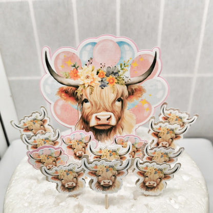 Highland Cow Cake Topper & 12x Cupcake Picks