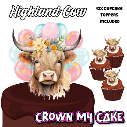 Highland Cow Cake Topper & 12x Cupcake Picks