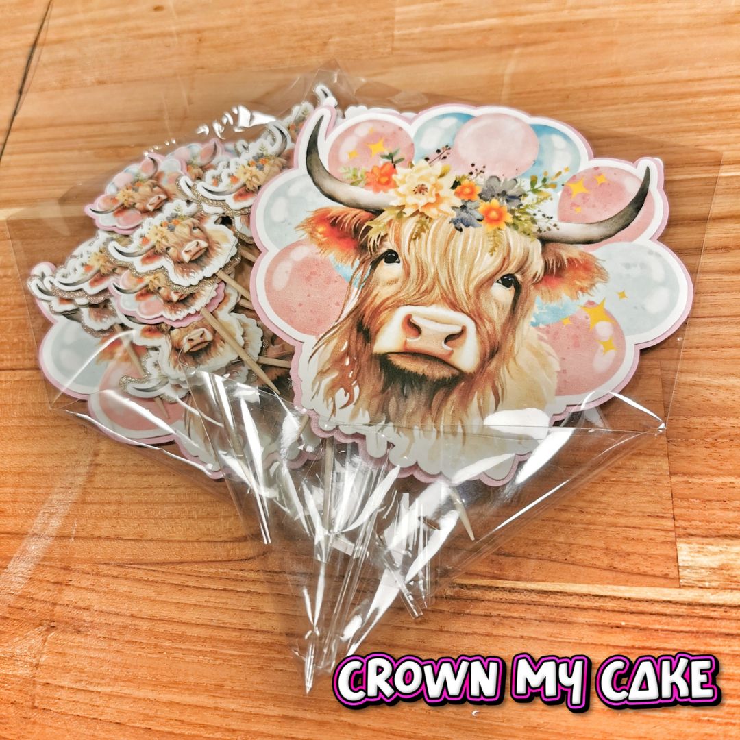 Highland Cow Cake Topper & 12x Cupcake Picks