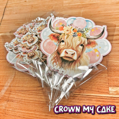 Highland Cow Cake Topper & 12x Cupcake Picks