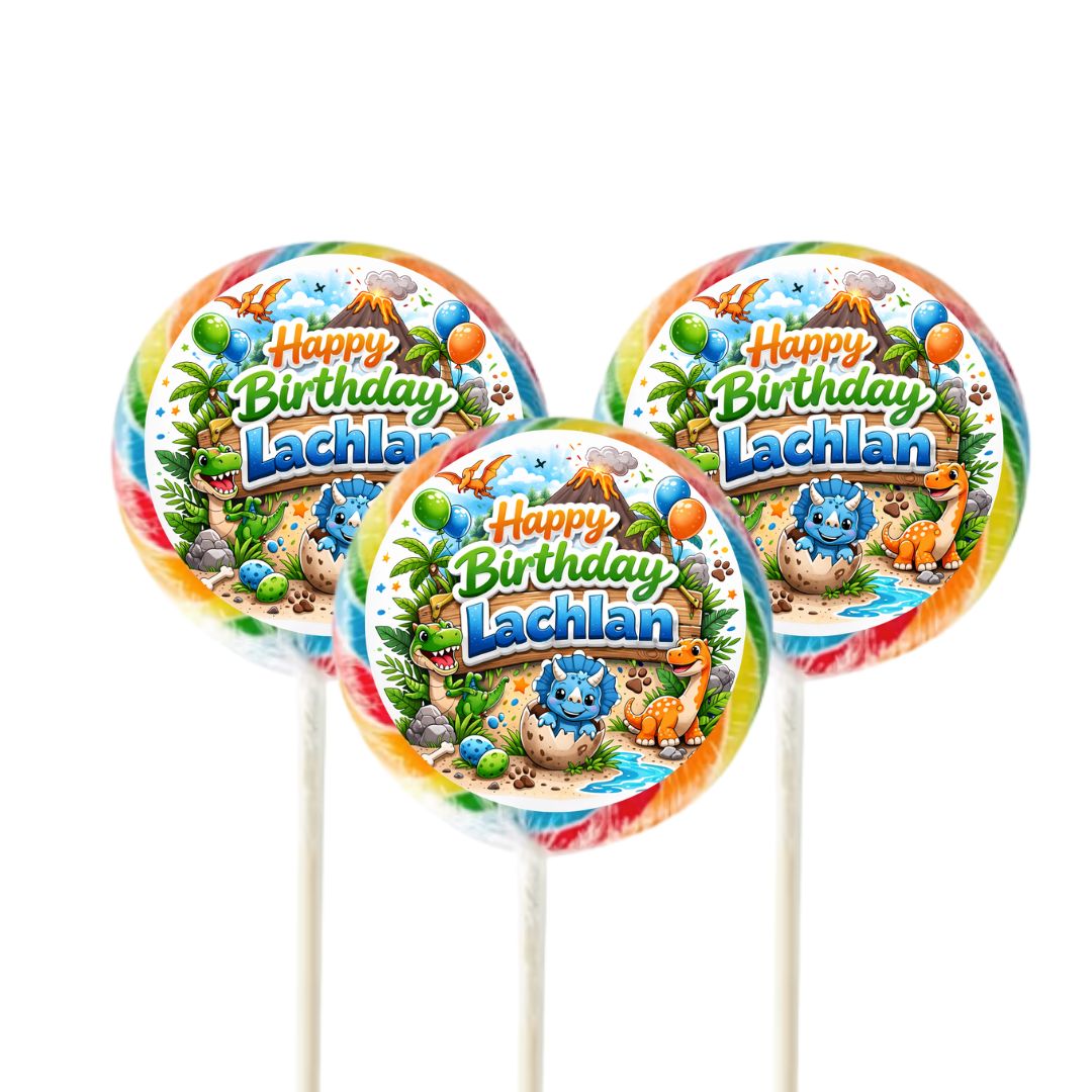 24x Custom Dinosaur Swirl Pops – Personalised Party Favours
