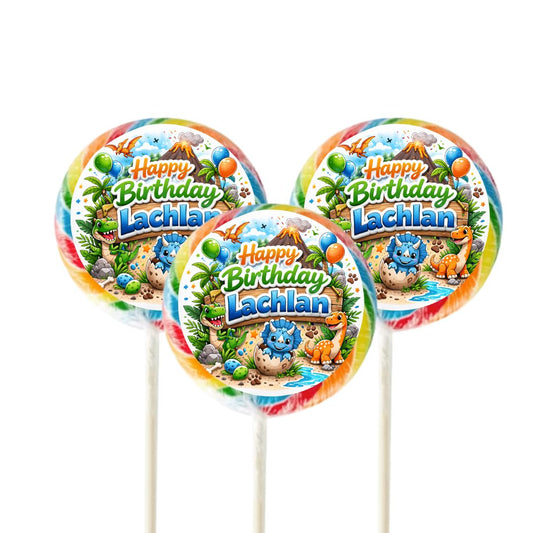 24x Custom Dinosaur Swirl Pops – Personalised Party Favours