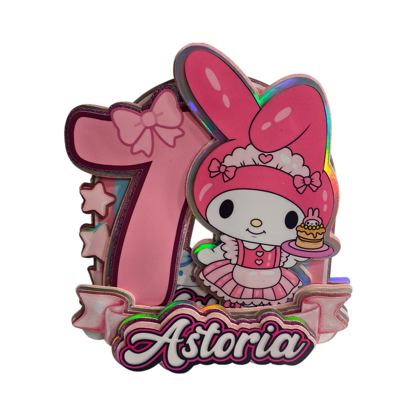 High quality 3D layered glitter cake topper featuring Melody bunny.