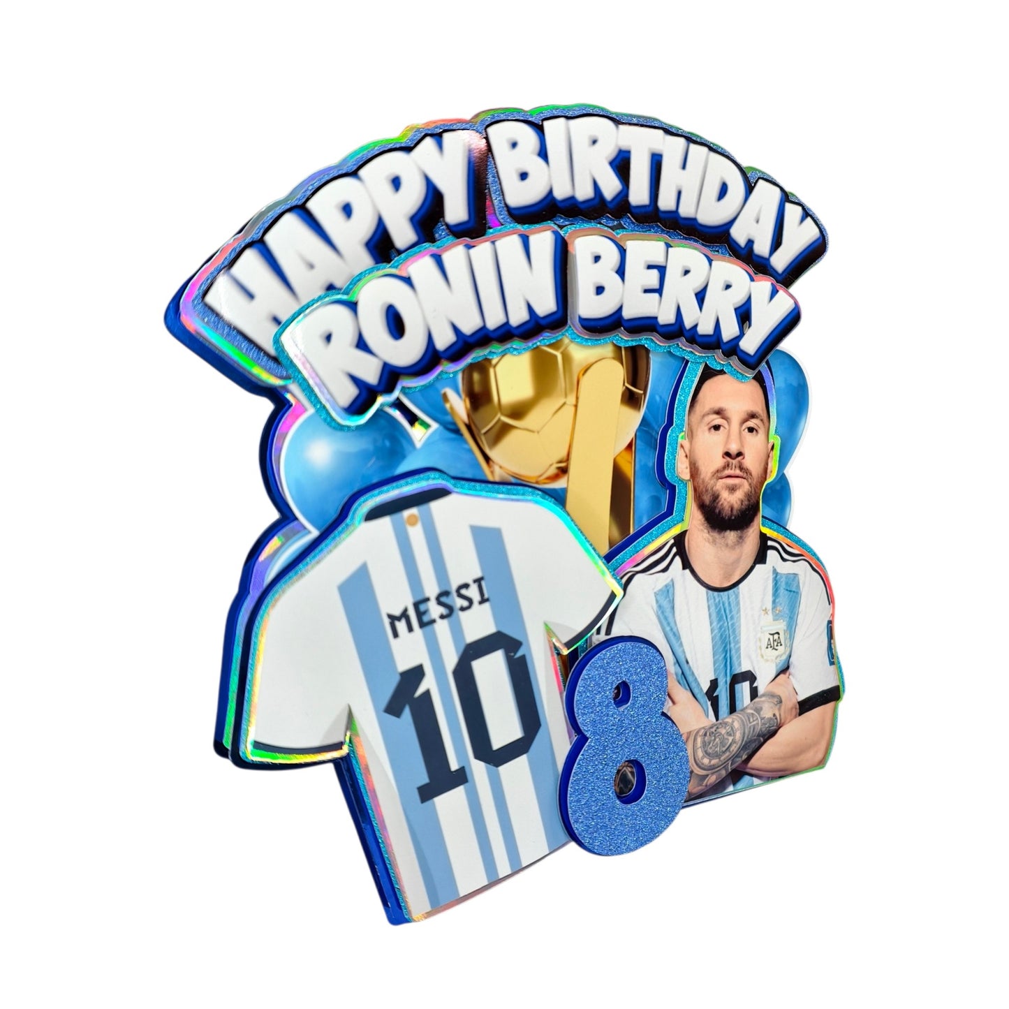 Arsenal Cake Topper, with Messi character, personalised with name and age. 
