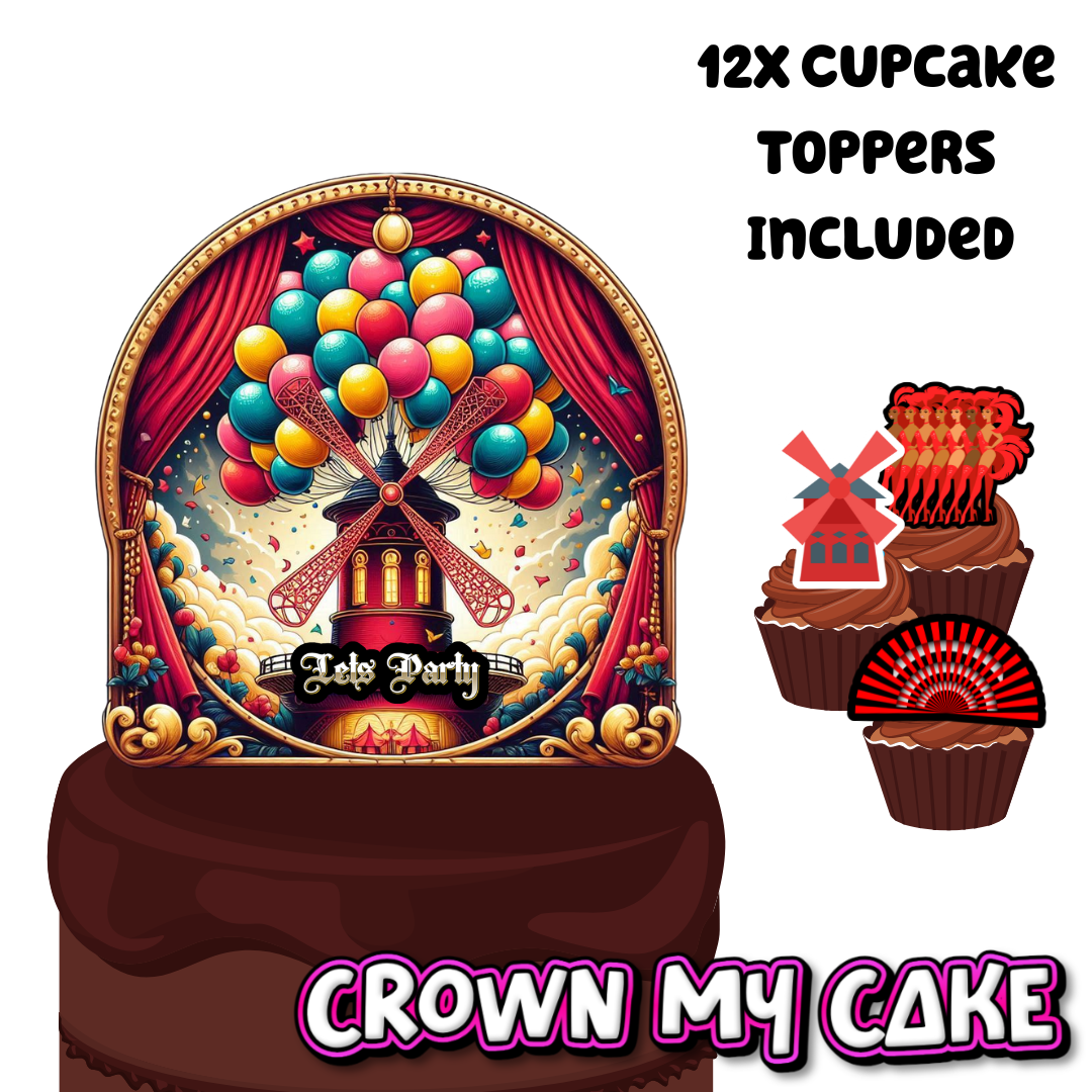 Moulin Rouge Themed Cake Topper & 12x Cupcake Picks
