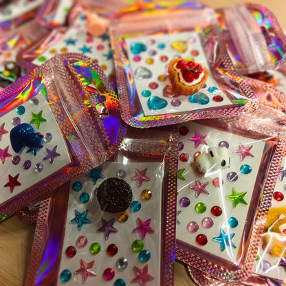 12x Mini Party Favors | Holographic Pink Bag with Mystery Resin Mini & Craft Stickers