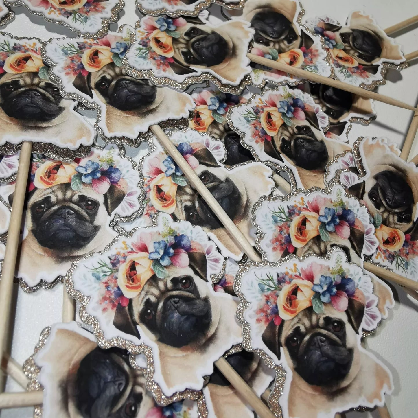 24x Pug Dog Premium Glitter Backed Cupcake Toppers