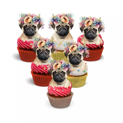 24x Pug Dog Premium Glitter Backed Cupcake Toppers