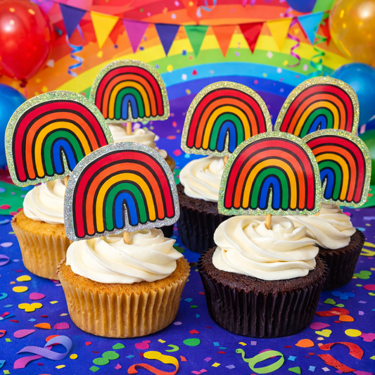 24x Glitter Rainbow Cupcake Toppers