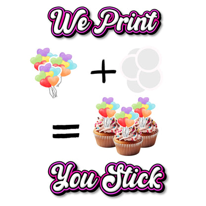 Rainbow Hearts Balloon Cupcake Toppers - We print, You stick.