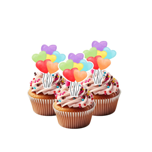 Rainbow Hearts Balloon Cupcake Toppers - We print, You stick.