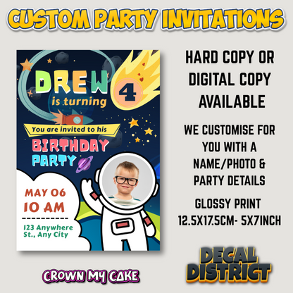 Space Theme Party Invitations - Digital Or Hard Copy