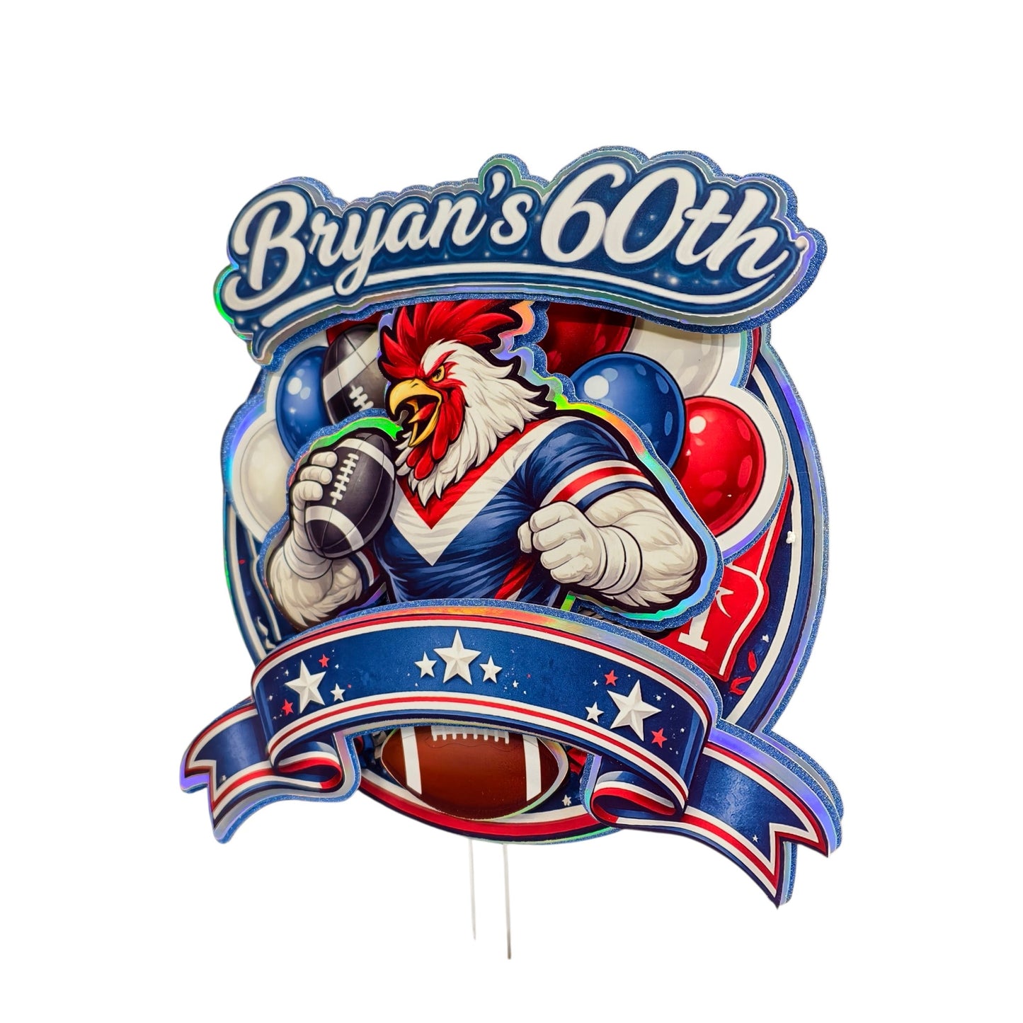 NRL Themed Cake Topper with a rooster holding a football, celebrating 'Bryan's 60th' on a white background.