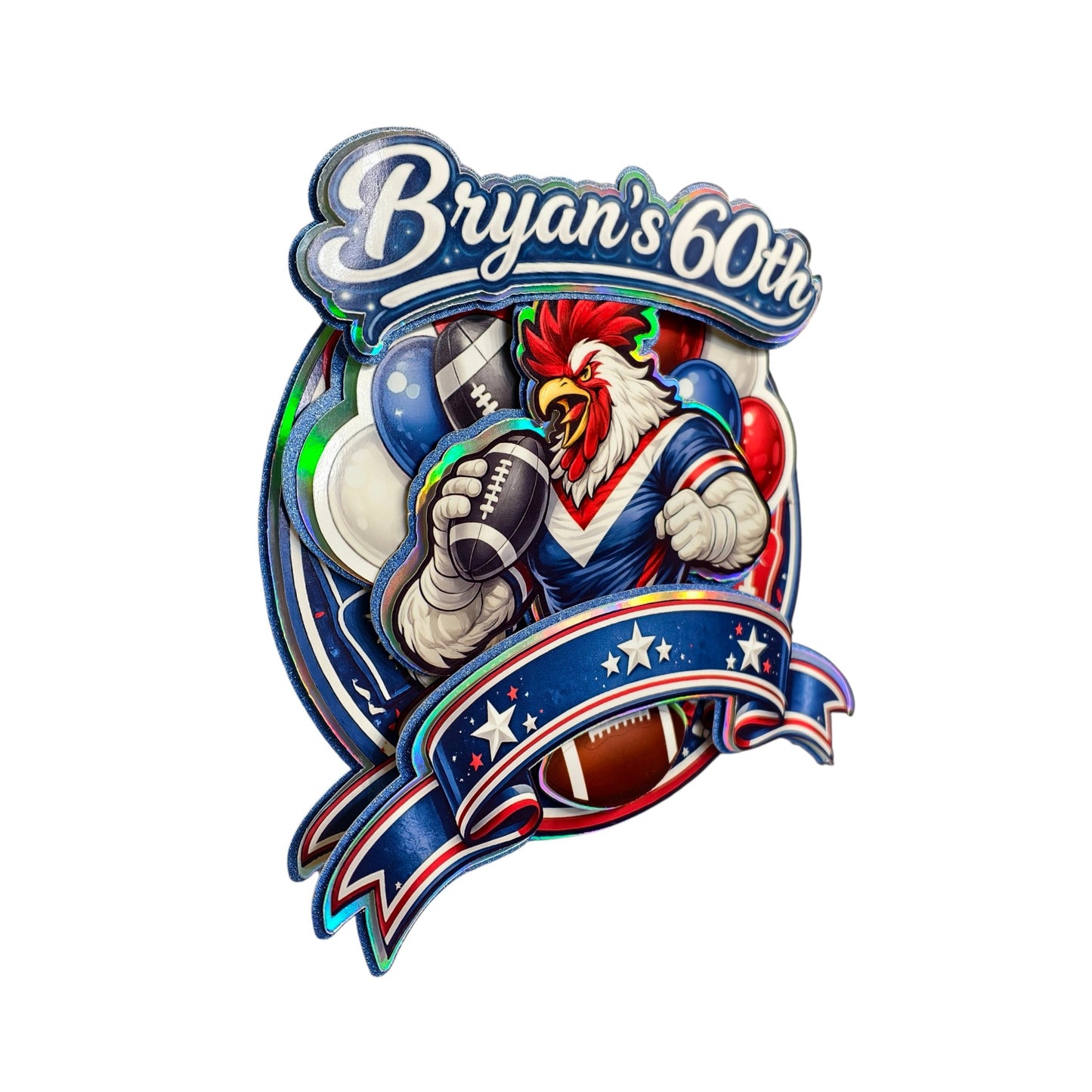Cake topper with Rooster holding footballs with 'Bryan's 60th' text on a white background