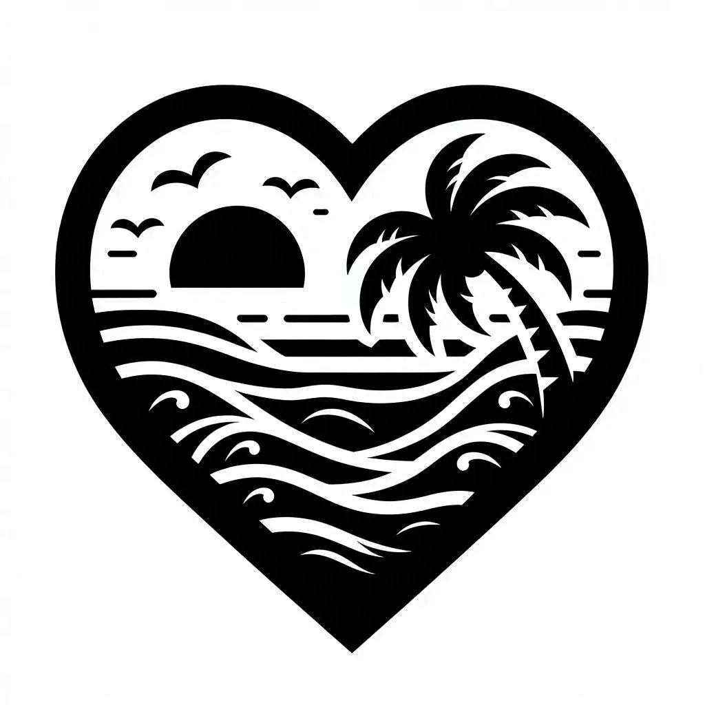 Travel, Palm Tree, Waves Heart Vinyl Decal - XL Size Available