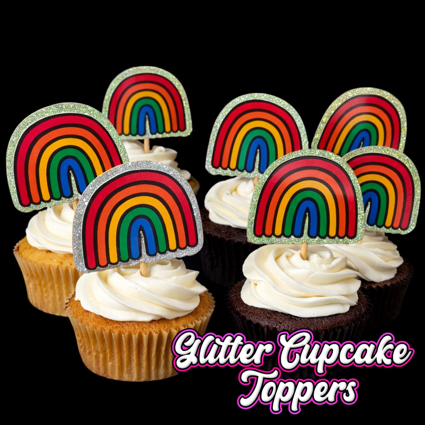 24x Glitter Rainbow Cupcake Toppers