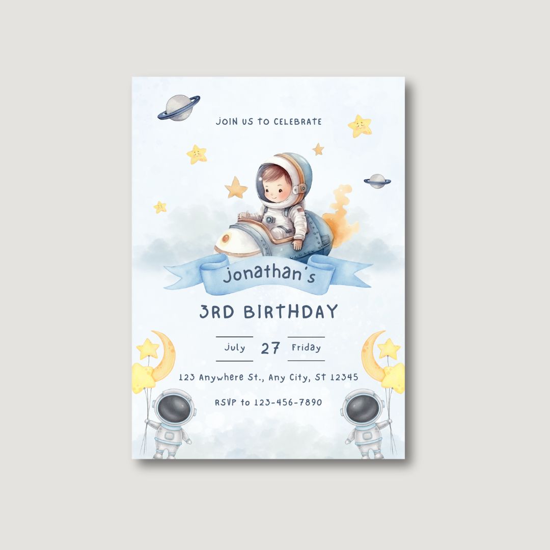 Watercolour Space Theme Party Invitations - Digital Or Hard Copy
