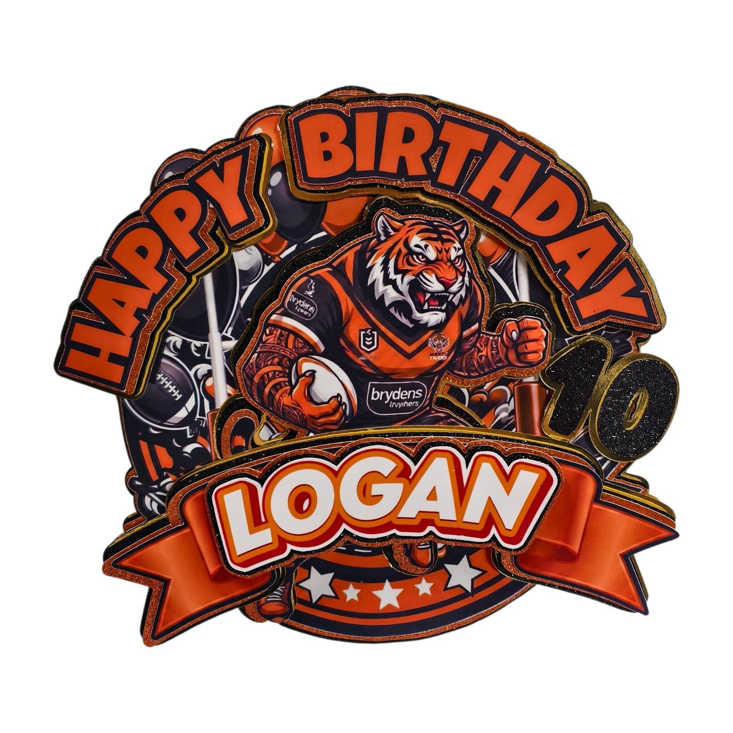 A custom die-cut birthday cake topper, an orange and black tiger mascot, with personalised print.