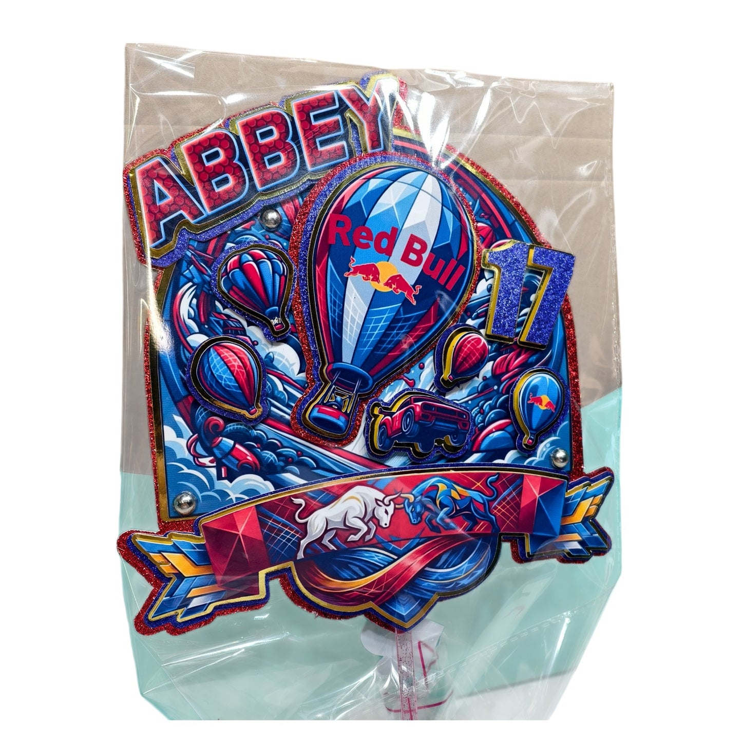 Custom Red & Blue Adrenalin Sports Theme Cake Topper - Personalised Name and Age